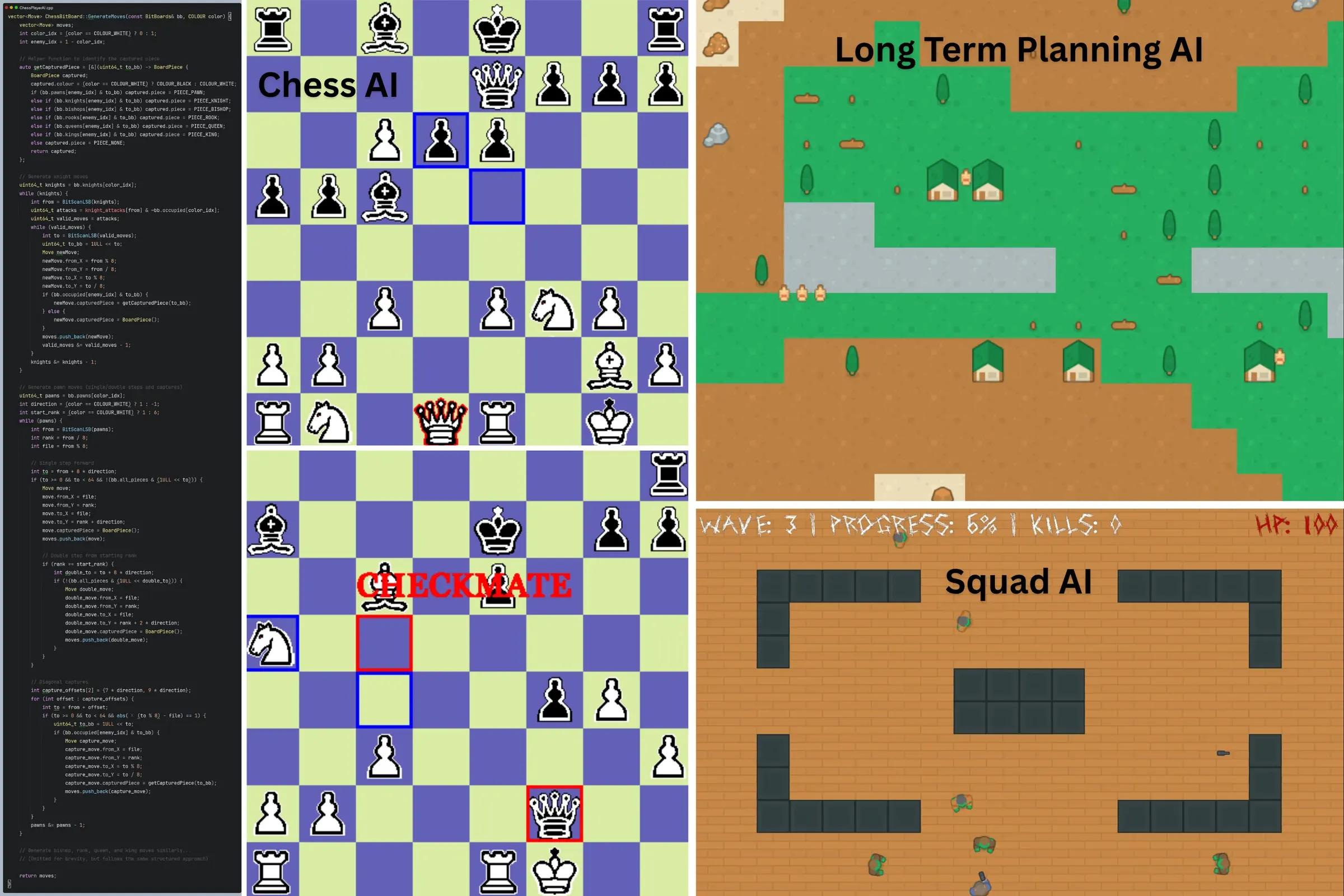 Three AI systems breakdown: the chess engine, the long-term planning game and the squad coordination map