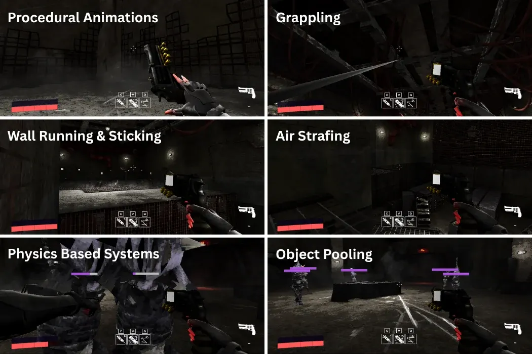 Mechanics breakdown from Forgive Me Not: procedural animation, grappling, wall running, air strafing, physics systems and object pooling