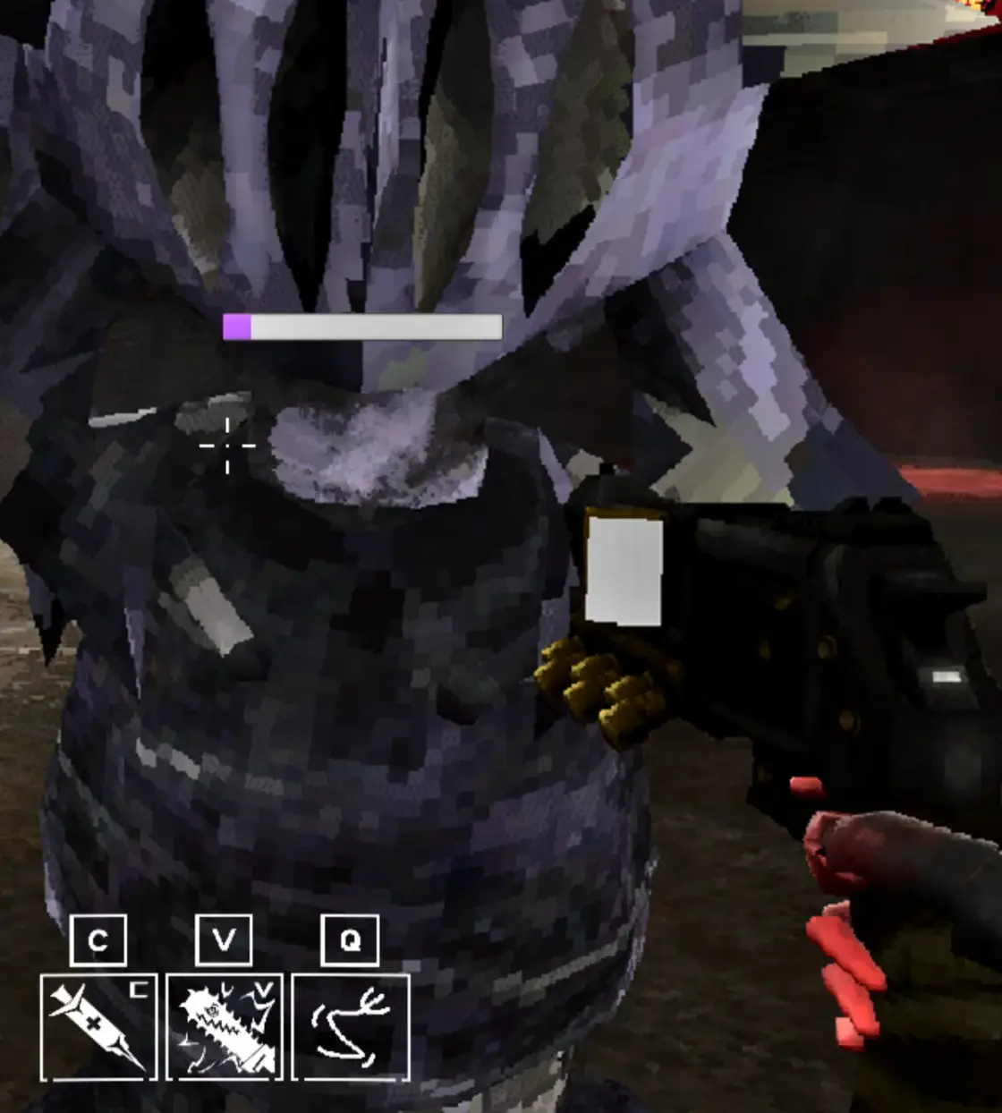 First-person view of an armoured enemy in Forgive Me Not, weapon raised
