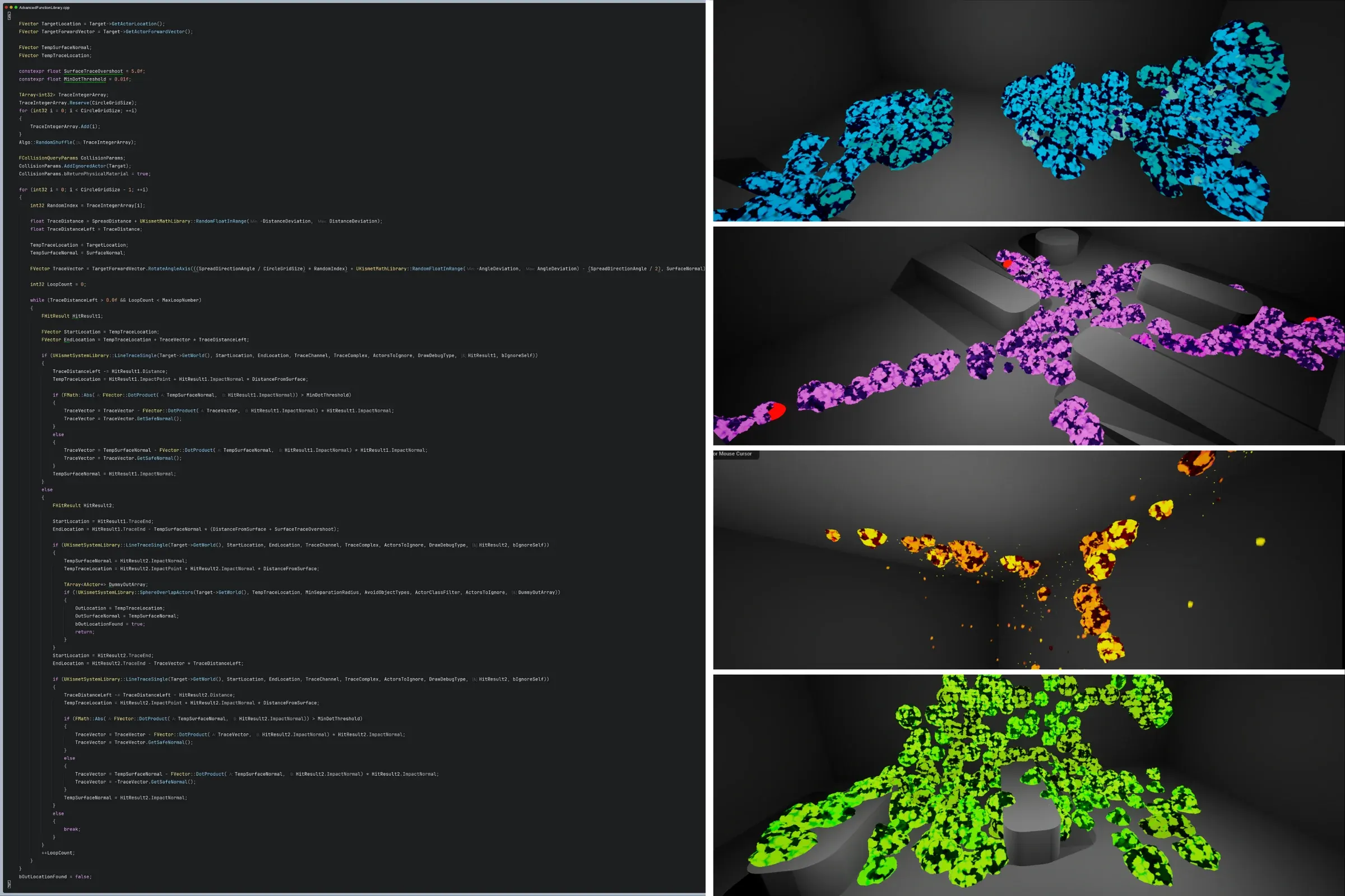 Miasma System breakdown: the configuration data tables and four Miasma variants spreading over the same geometry